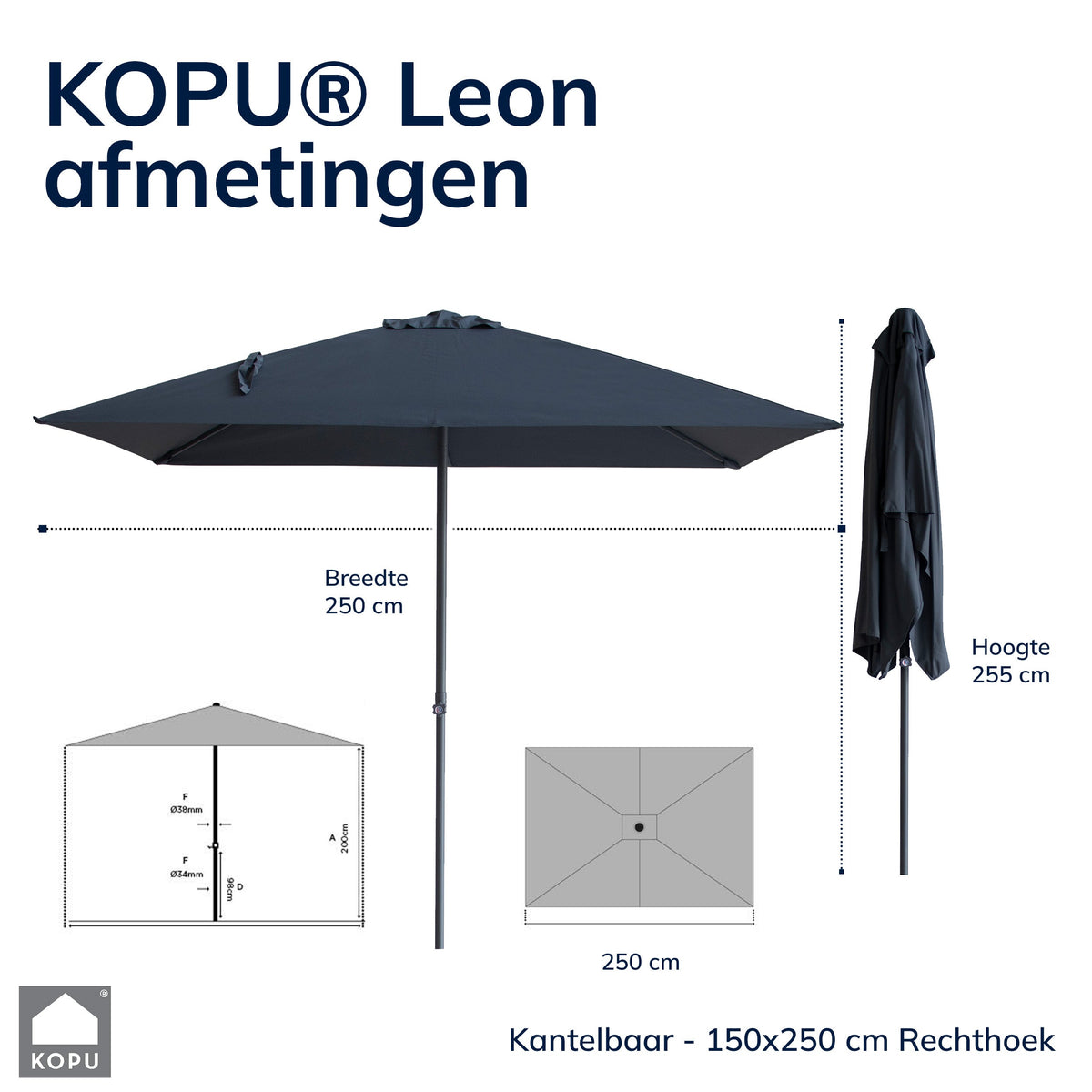 Kopu® Leon Parasol Rechthoek 150x250 cm - Balkonparasol met Hoes - Grijs