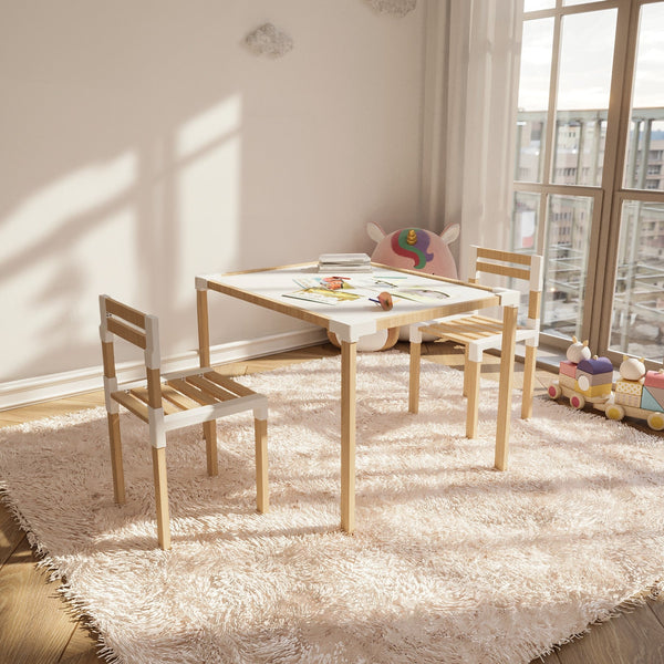 FixWood Kinder Tafel- en Stoelenset – Natuurlijk Hout & Kunststof – Duurzaam Speel- en Leermeubel – 3-delig (1 Tafel + 2 Stoelen)
