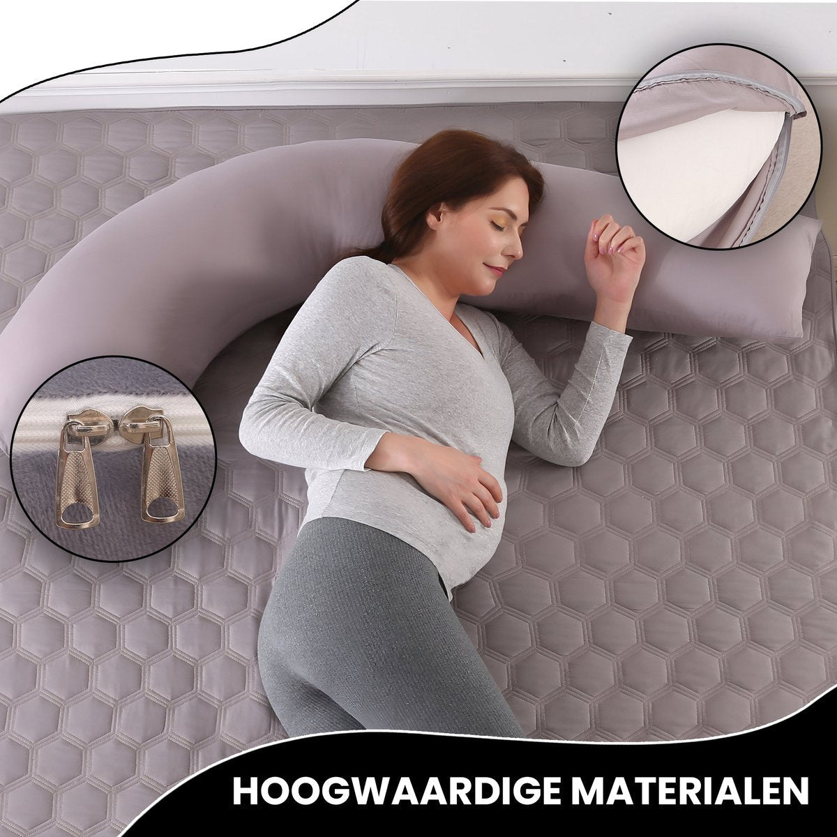 Oemmie Zwangerschapskussen - Voedingskussen - Zijslaapkussen - Lichaamskussen - J-vorm - 145x45 cm - Grijs