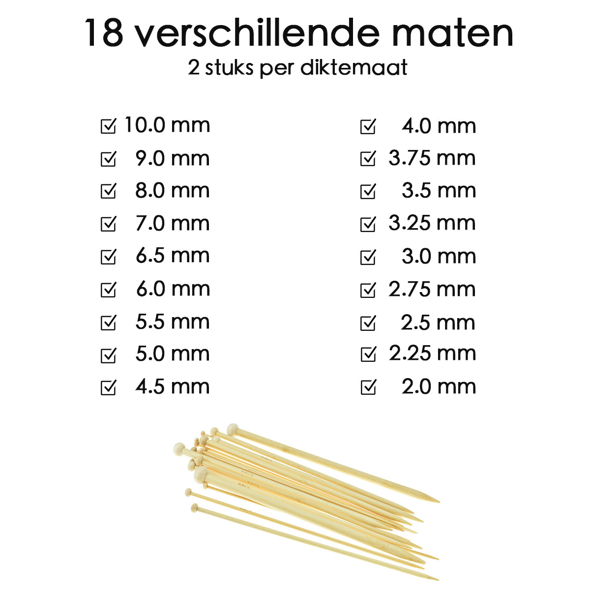 Breinaalden Set Bamboe 36 Stuks - 18 Verschillende Maten - 35 cm Lang - 2 tot 10 mm Dikte