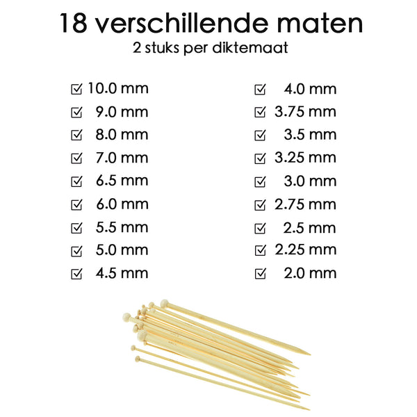 Breinaalden Set Bamboe 36 Stuks - 18 Verschillende Maten - 35 cm Lang - 2 tot 10 mm Dikte