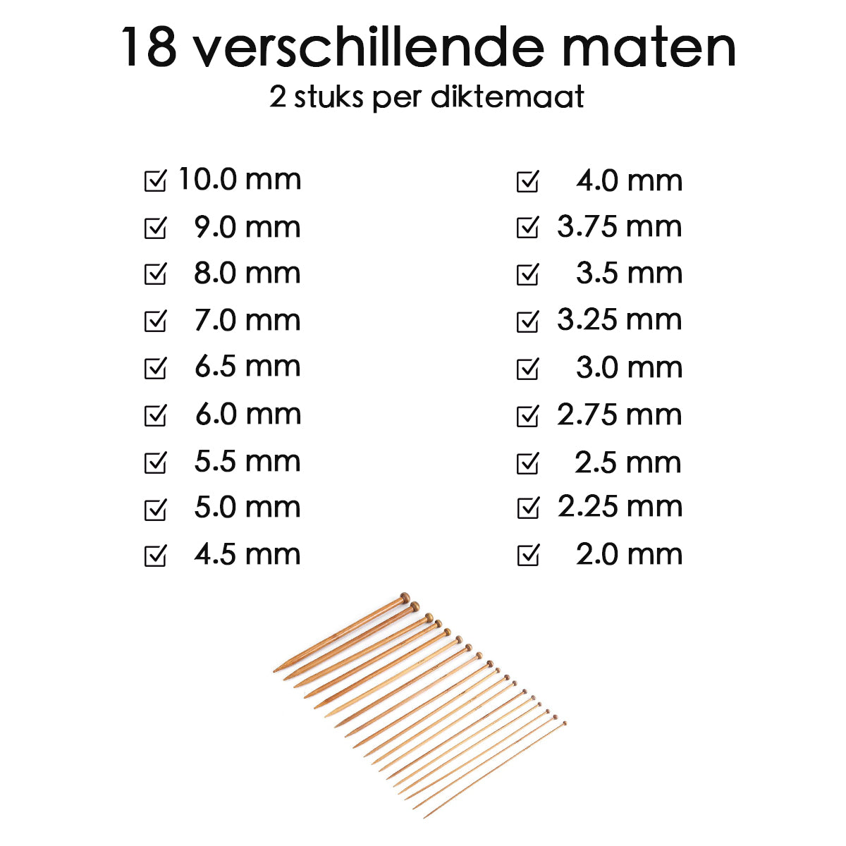 Breinaalden Set Bamboe 36 Stuks - Donker Bruin - 18 Verschillende Maten - 35 cm Lang - 2 tot 10 mm Dikte