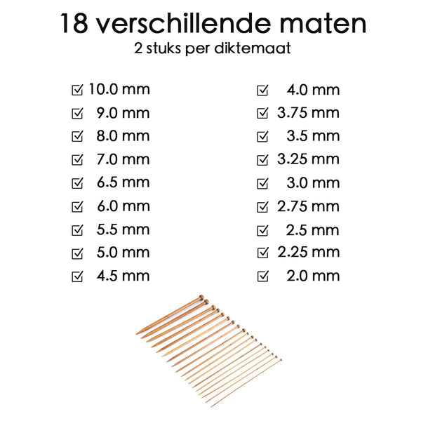 Breinaalden Set Bamboe 36 Stuks - Donker Bruin - 18 Verschillende Maten - 35 cm Lang - 2 tot 10 mm Dikte