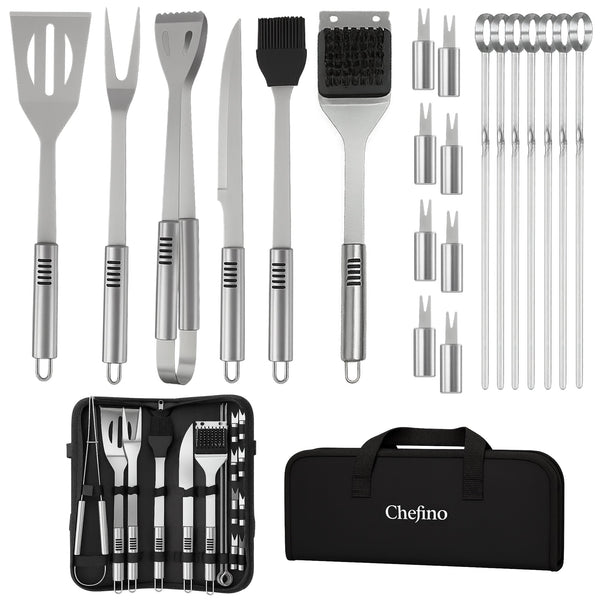Chefino BBQ Accessoires Set – 21-delig BBQ Pakket – Compleet RVS Barbecue Accessoires met Draagtas – Roestvrijstaal Kamado Accessoires