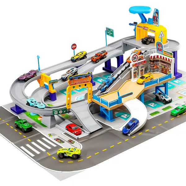 Grote Parkeergarage Speelset met Auto’s – Dubbele Rijmodus Handmatig & Automatisch – Stadsracebaan met Tankstation, Bruggen en Verkeersborden – Educatief Autospeelgoed voor Kinderen