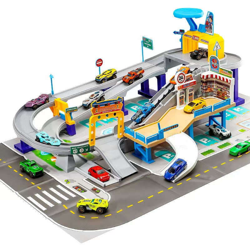 Grote Parkeergarage Speelset met Auto’s – Dubbele Rijmodus Handmatig & Automatisch – Stadsracebaan met Tankstation, Bruggen en Verkeersborden – Educatief Autospeelgoed voor Kinderen