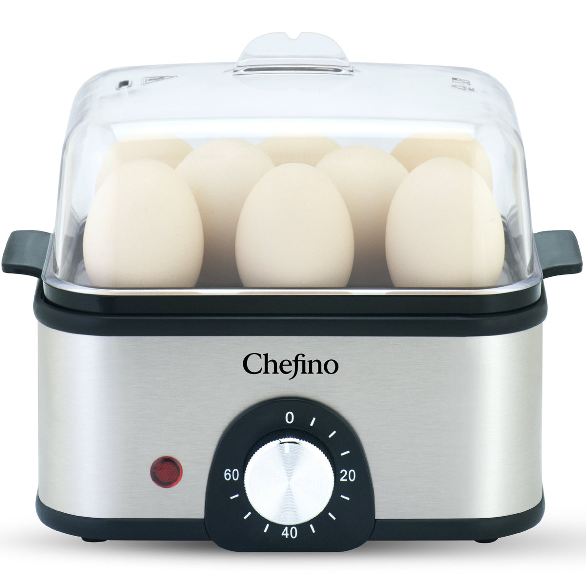 Chefino Eierkoker – Elektrisch – 8 Eieren – RVS – BPA-vrij – Timer & Automatische Uitschakeling – Inclusief Maatbeker met Eierprikker & Pochéerschaal – Anti-oververhitting – Zilver-Zwart