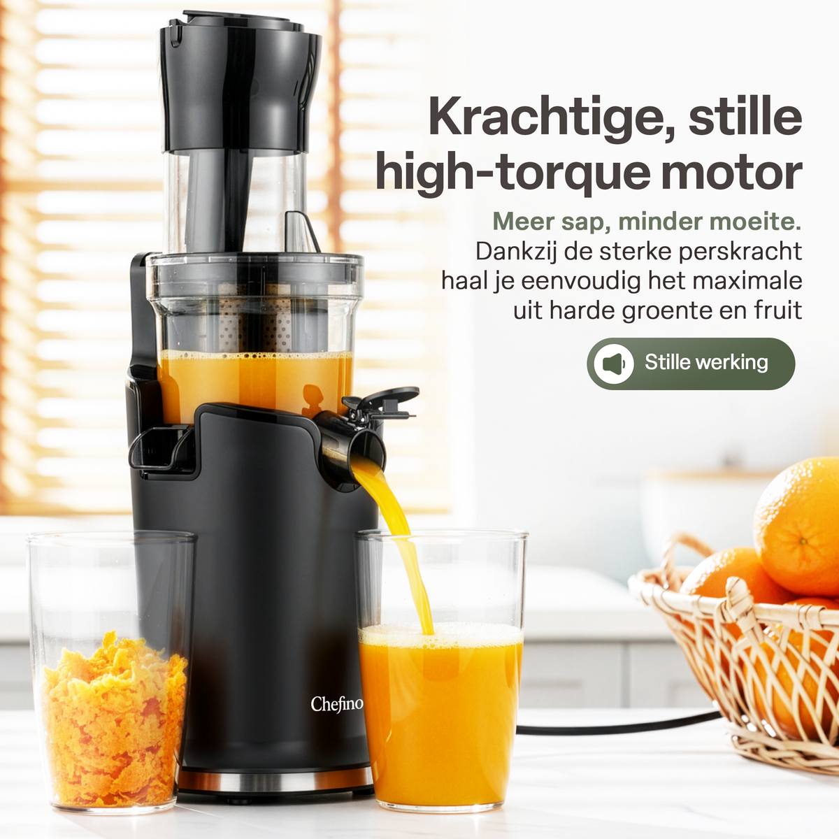 Chefino Slowjuicer – Koude Pers Sapcentrifuge – Extra Brede Vultrechter 9 cm – Stille High-Torque Motor – Dubbel Filtersysteem – Hoog Saprendement – Makkelijk te Reinigen
