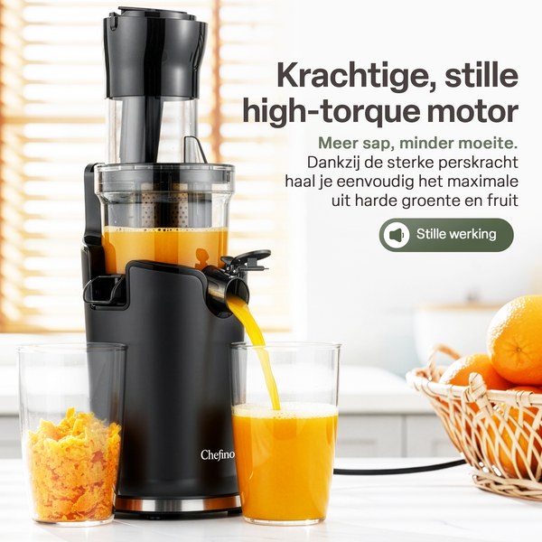 Chefino Slowjuicer – Koude Pers Sapcentrifuge – Extra Brede Vultrechter 9 cm – Stille High-Torque Motor – Dubbel Filtersysteem – Hoog Saprendement – Makkelijk te Reinigen