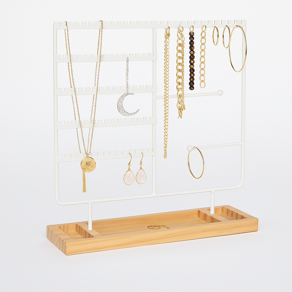 Sieradenhouder Wit met Houten Bodem – Organizer voor Kettingen, Oorbellen en Armbanden – Met Haakjes, Gaatjes en Opbergvakjes – 36,8 x 29 cm
