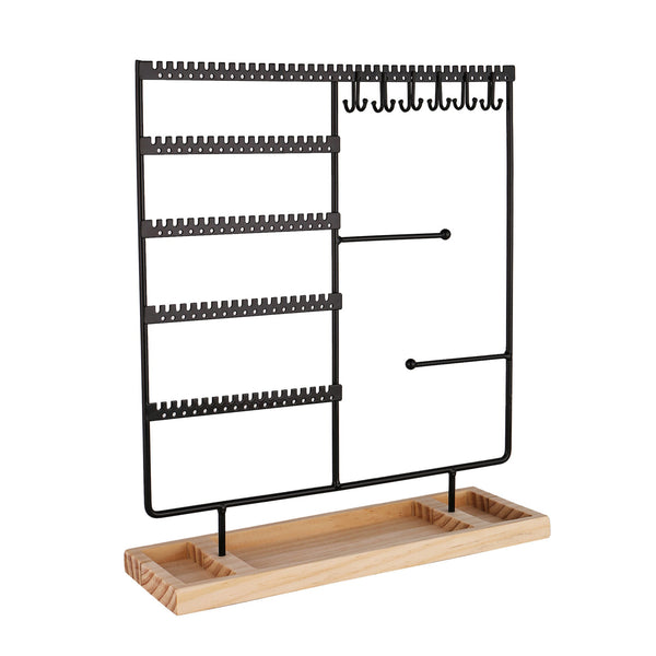Sieradenhouder Zwart met Houten Bodem – Organizer voor Kettingen, Oorbellen en Armbanden – Met Haakjes, Gaatjes en Opbergvakjes – 36,8 x 29 cm