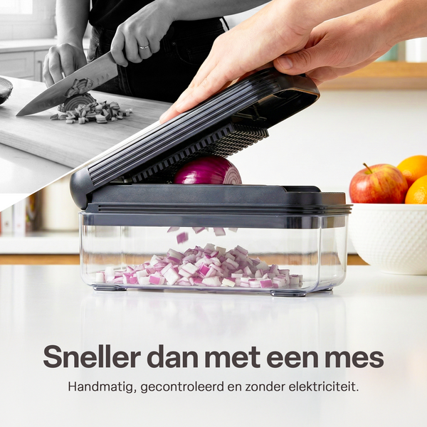 Chefino Trito - Groentesnijder Set met Opvangbak 750 ml – Mandoline Snijder – Groente Hakker – Uiensnijder – Blokjessnijder – Julienne Snijder – Groente Rasp – Keuken Mandoline met 5 RVS Messen