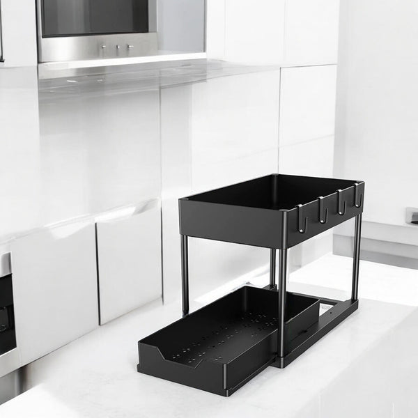 Gootsteenkast Organizer - 2 laags - 76 x 34,5 x 22 cm - Keukenkast Organizer - Zwart - Uitrekbaar