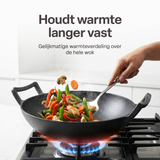 Gietijzeren Wok Ø36 cm met Houten Deksel – Wokpan Gietijzer voor Inductie, Gas, Oven & BBQ –  Pre-seasoned  – Grote Wokpan met Handgrepen – Professionele Wok