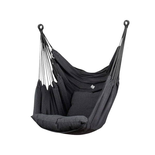Hangstoel met Kussen – Hangende Stoel voor Binnen en Buiten – Inclusief Ophangset – Belastbaar tot 125 kg – Katoenen Hangstoel voor Tuin, Balkon, Slaapkamer & Balkon – Zwart