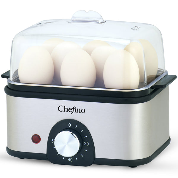 Chefino Eierkoker – Elektrisch – 8 Eieren – RVS – BPA-vrij – Timer & Automatische Uitschakeling – Inclusief Maatbeker met Eierprikker & Pochéerschaal – Anti-oververhitting – Zilver-Zwart