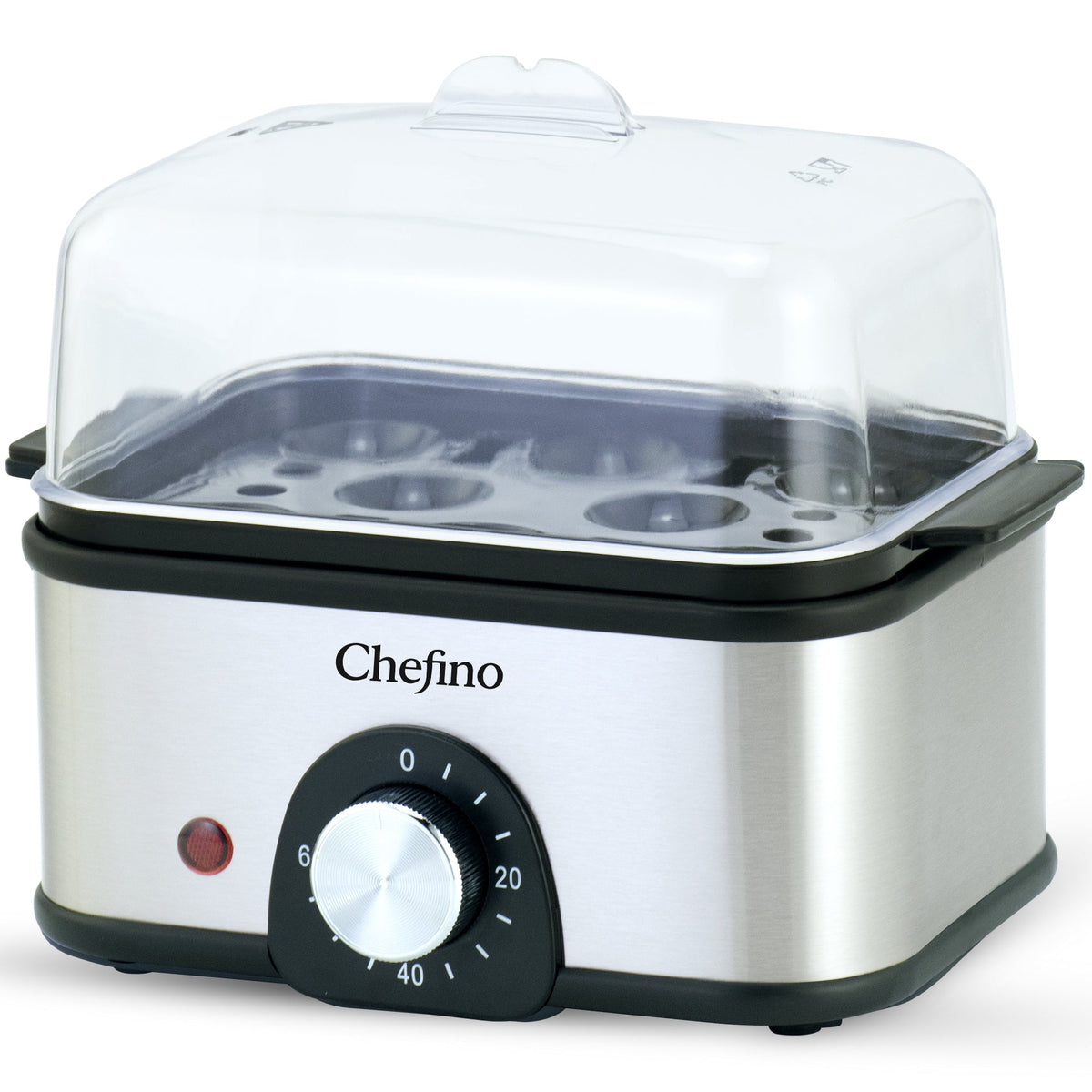 Chefino Eierkoker – Elektrisch – 8 Eieren – RVS – BPA-vrij – Timer & Automatische Uitschakeling – Inclusief Maatbeker met Eierprikker & Pochéerschaal – Anti-oververhitting – Zilver-Zwart