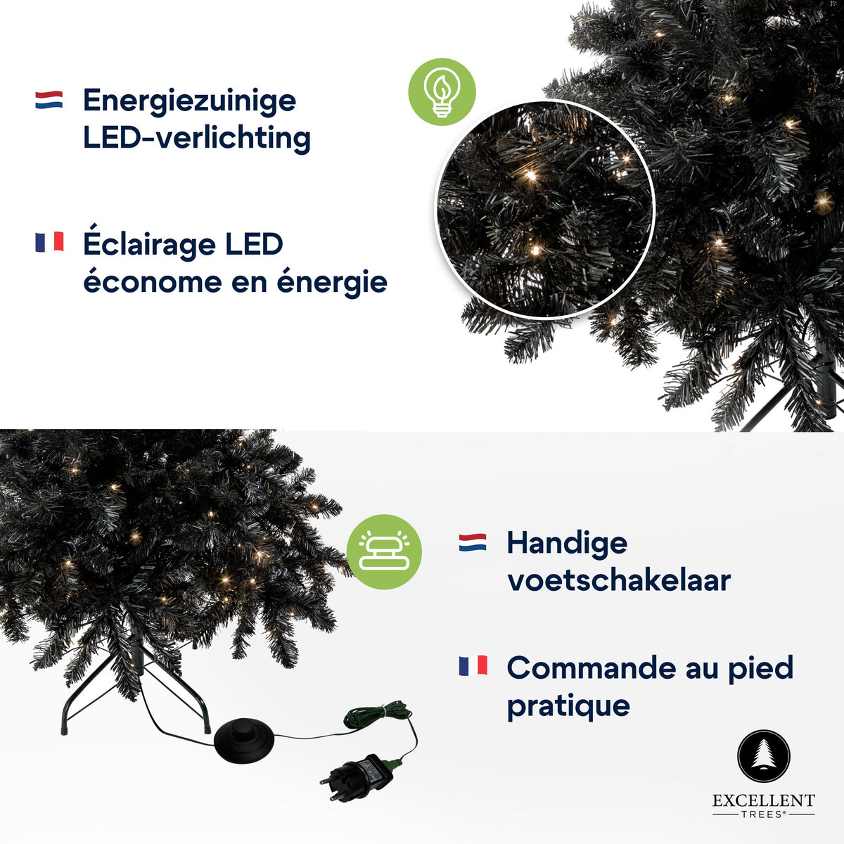 Excellent Trees® Stavanger Black 150 cm Zwarte Kerstboom met Verlichting - 250 LED Lampjes - ⌀91cm - ↕150cm