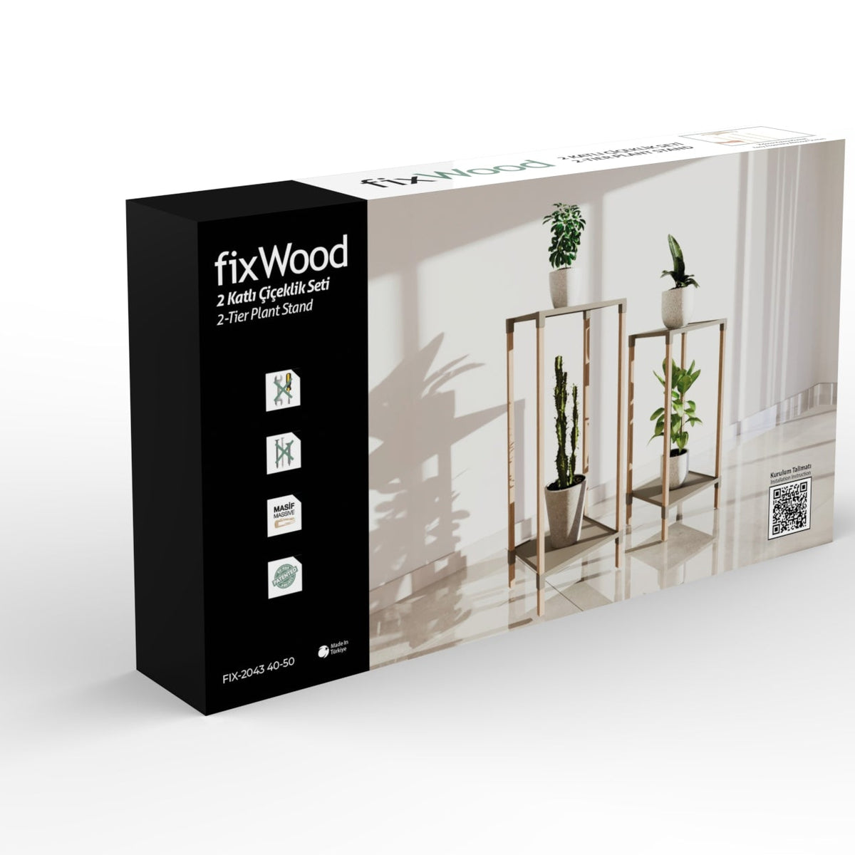 FixWood 2-Tier Plantenstandaard – Set van 2 Bloemenrekken – Houten Bloemenstandaard voor Binnen & Buiten – Decoratieve Plantentafel – 40 & 50 cm Hoog – Beige-Natuur