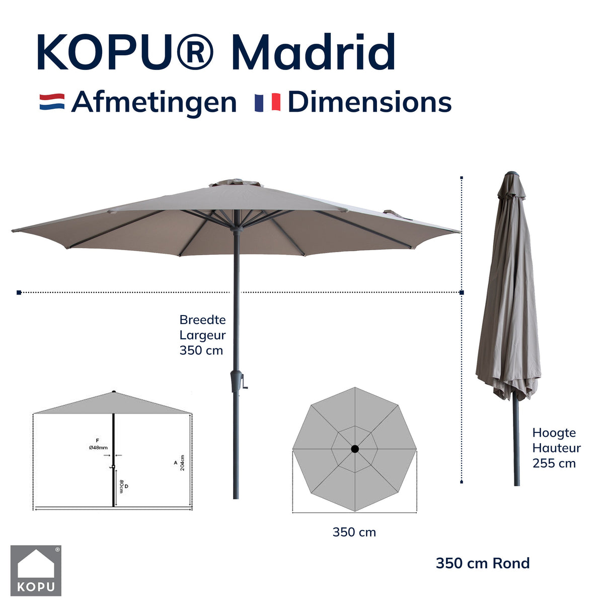 Kopu® Set Madrid 350 cm Grote Parasol Rond met Beschermhoes en Parasolvoet - Taupe