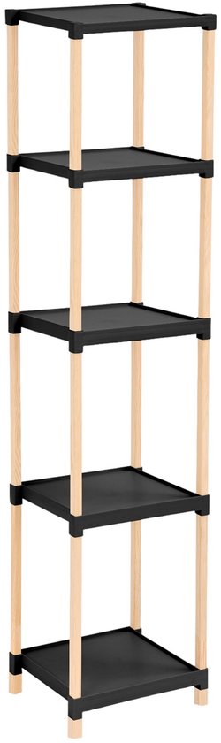 Fixwood Houten Modulaire Opbergrek – Massief Hout & Kunststof – Badkamerrek, Keukenrek of Plantenrek – 127 cm Hoog – Zwart-Naturel