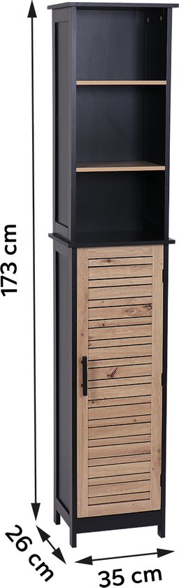 Badkamerkast Hoog Bergen met 1 deur en 6 planken - 173 cm - Zwart