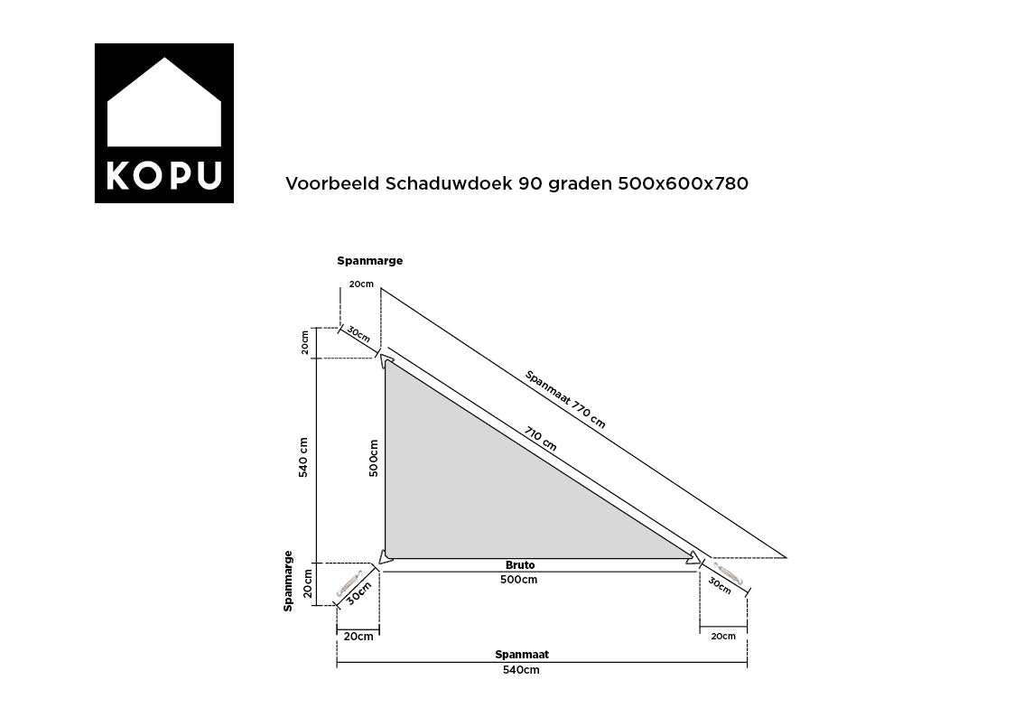 Kopu® Schaduwdoek Driehoek 5x6x7,8mtr 280 grams Waterdoorlatend Creme