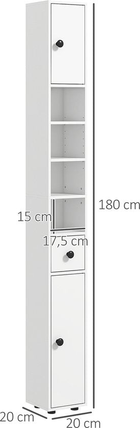 Badkamerkast Smal - 4 planken - lade en 2 draaideuren - Wit