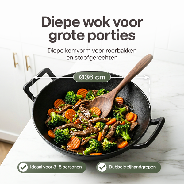 Gietijzeren Wok Ø36 cm met Houten Deksel – Wokpan Gietijzer voor Inductie, Gas, Oven & BBQ –  Pre-seasoned  – Grote Wokpan met Handgrepen – Professionele Wok
