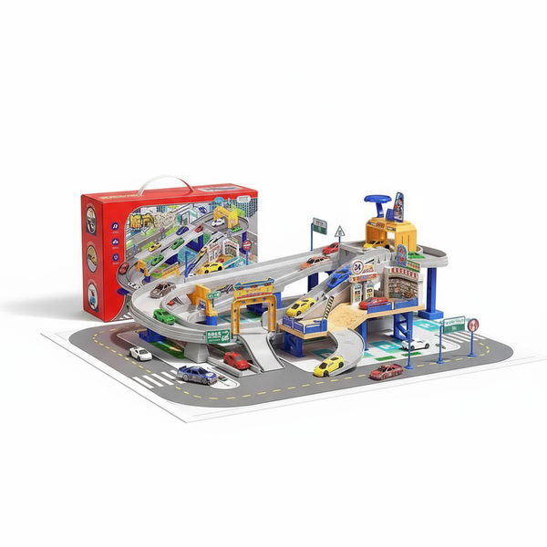 Grote Parkeergarage Speelset met Auto’s – Dubbele Rijmodus Handmatig & Automatisch – Stadsracebaan met Tankstation, Bruggen en Verkeersborden – Educatief Autospeelgoed voor Kinderen