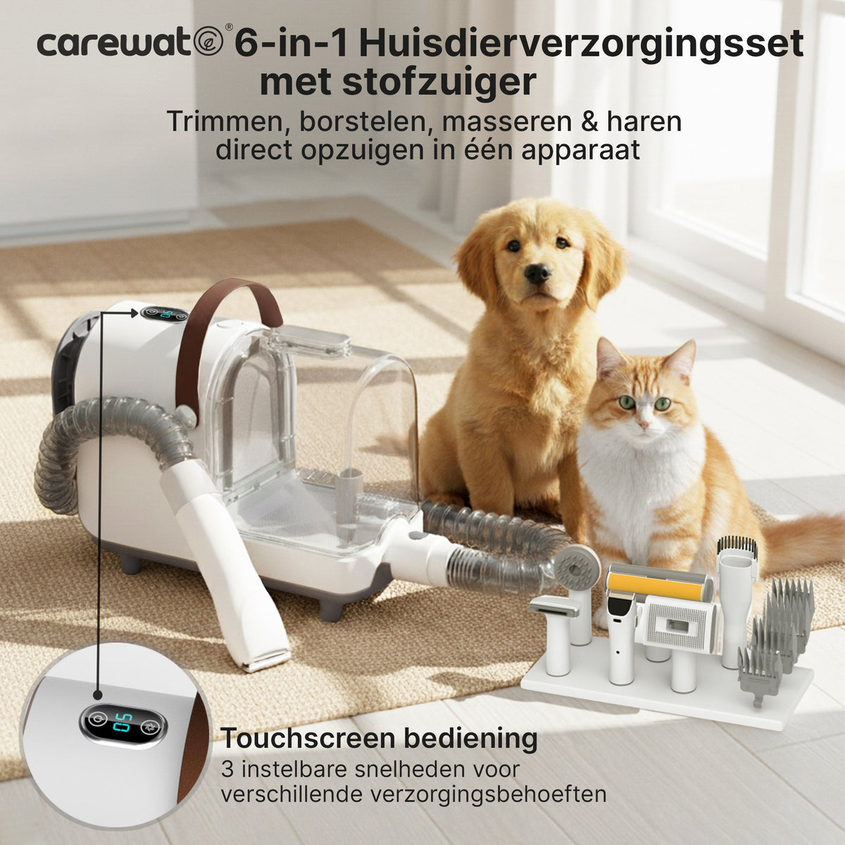 Carewat 6-in-1 Huisdier Stofzuiger en Trimmer Set – Professionele Hondentondeuse met Stofzuiger – Trimset Hond en Kat – Stil, Krachtig en Hygiënisch