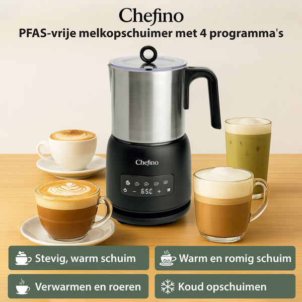 Chefino Melkopschuimer – PFAS-vrij & RVS – 4 Programma’s – Warm & Koud Opschuimen – 300 ml – 550 W – Automatische Uitschakeling – Vaatwasserbestendig – Zwart-Zilver
