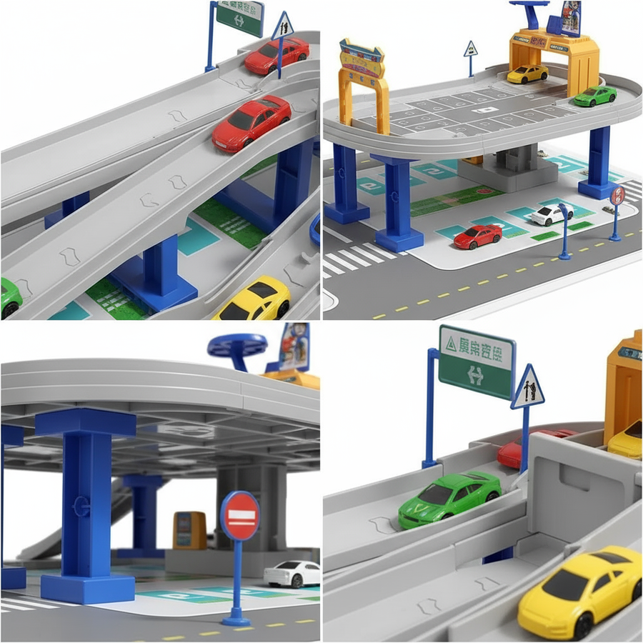 Grote Parkeergarage Speelset met Auto’s – Dubbele Rijmodus Handmatig & Automatisch – Stadsracebaan met Tankstation, Bruggen en Verkeersborden – Educatief Autospeelgoed voor Kinderen