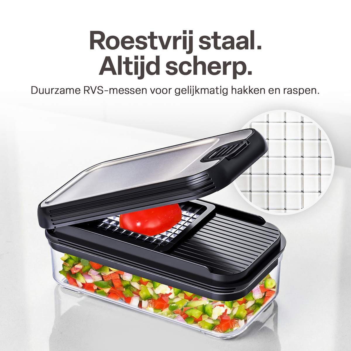 Chefino Trito - Groentesnijder Set met Opvangbak 750 ml – Mandoline Snijder – Groente Hakker – Uiensnijder – Blokjessnijder – Julienne Snijder – Groente Rasp – Keuken Mandoline met 5 RVS Messen
