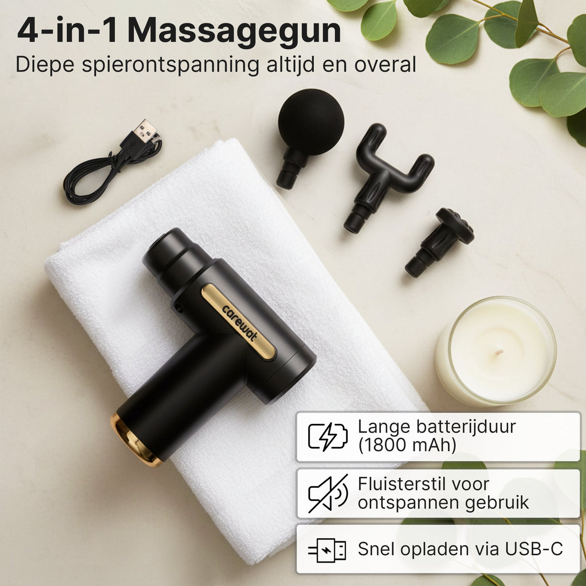 Carewat Massage Gun – Spiermassage Apparaat met 4 Opzetstukken – Draadloos – Stil – Oplaadbaar via USB-C – Spierontspanner voor Nek, Rug en Benen