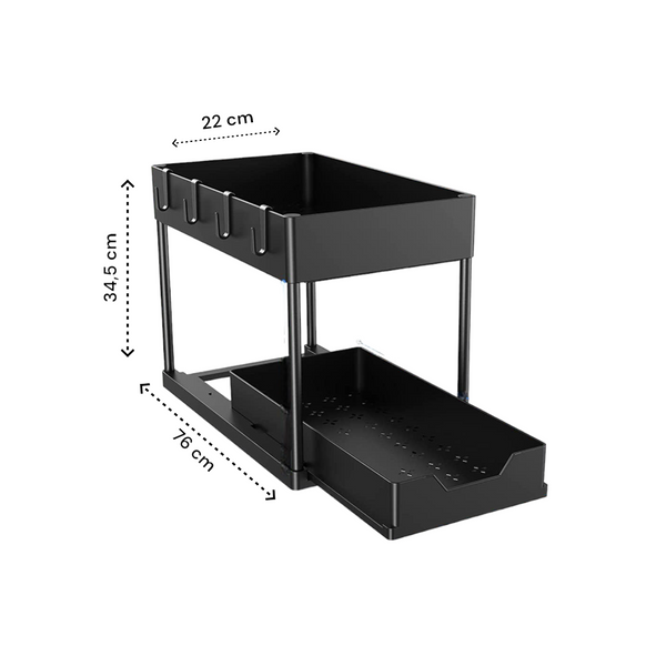 Gootsteenkast Organizer - 2 laags - 76 x 34,5 x 22 cm - Keukenkast Organizer - Zwart - Uitrekbaar