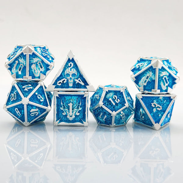 7-delige Metal Dice Set – “Frostbite” (Blauw met Zilver)