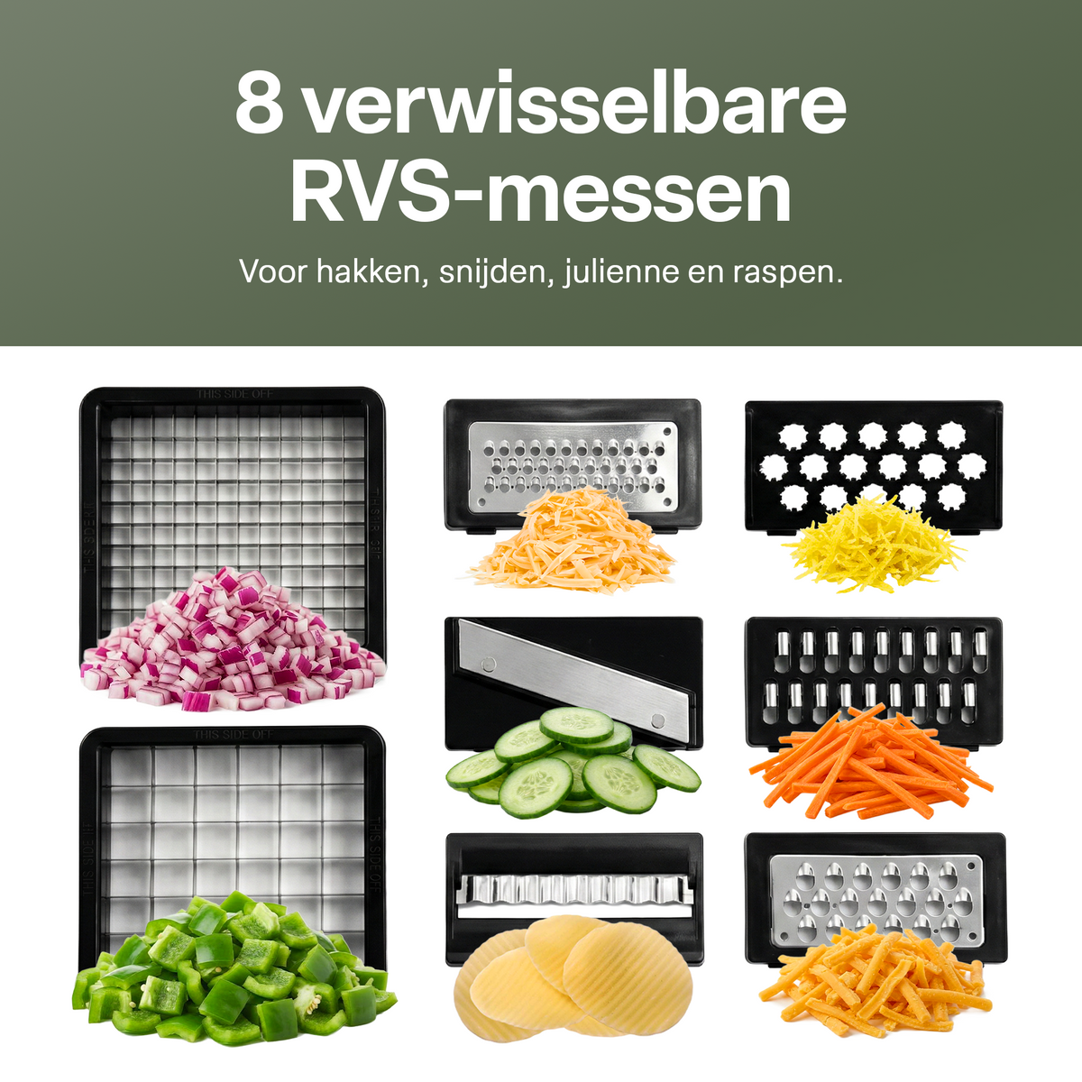 Chefino Verto - Groentesnijder Set met Opvangbak – Mandoline Snijder – Groentehakker – Blokjessnijder – Julienne Snijder – RVS Messen – Groente Chopper met 8 Snijbladen – Keukensnijder