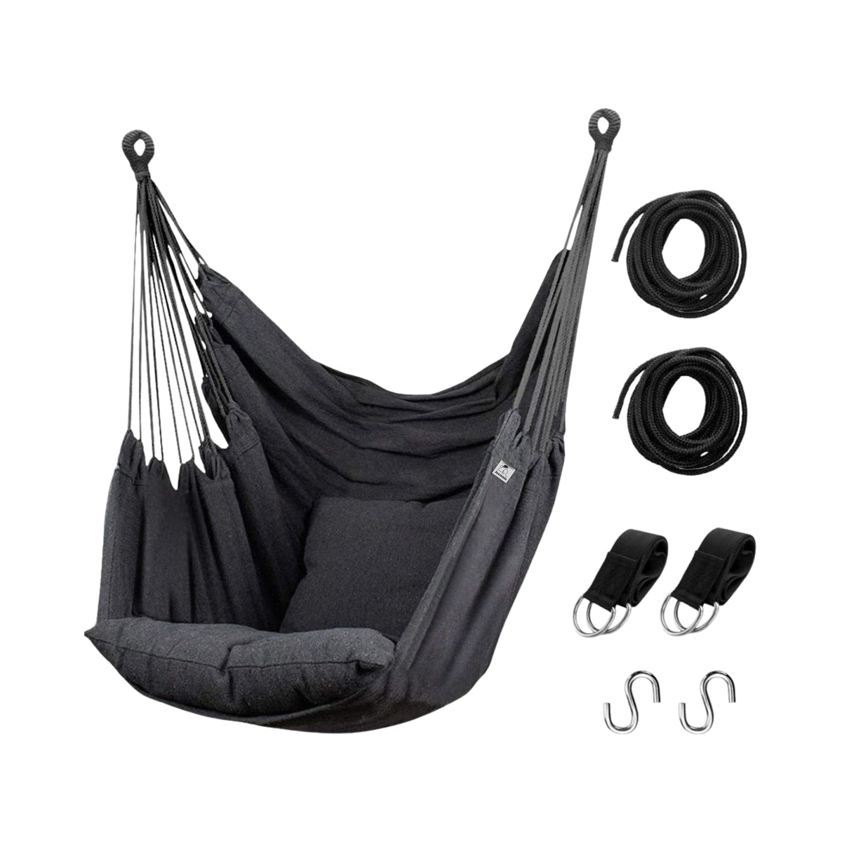 Hangstoel met Kussen – Hangende Stoel voor Binnen en Buiten – Inclusief Ophangset – Belastbaar tot 125 kg – Katoenen Hangstoel voor Tuin, Balkon, Slaapkamer & Balkon – Zwart