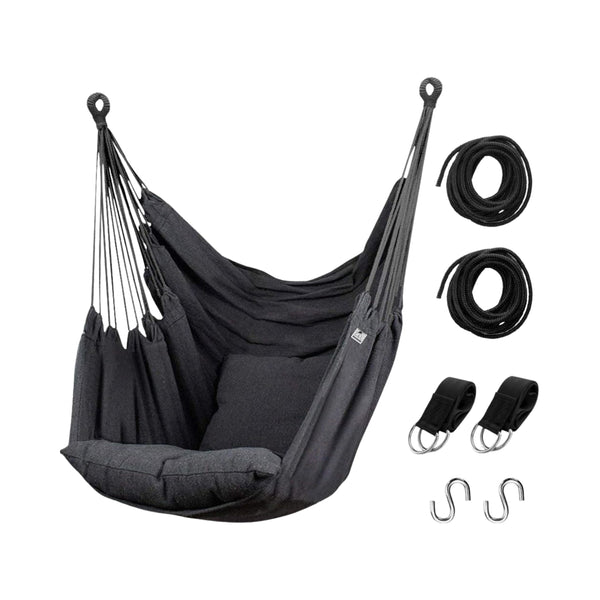 Hangstoel met Kussen – Hangende Stoel voor Binnen en Buiten – Inclusief Ophangset – Belastbaar tot 125 kg – Katoenen Hangstoel voor Tuin, Balkon, Slaapkamer & Balkon – Zwart