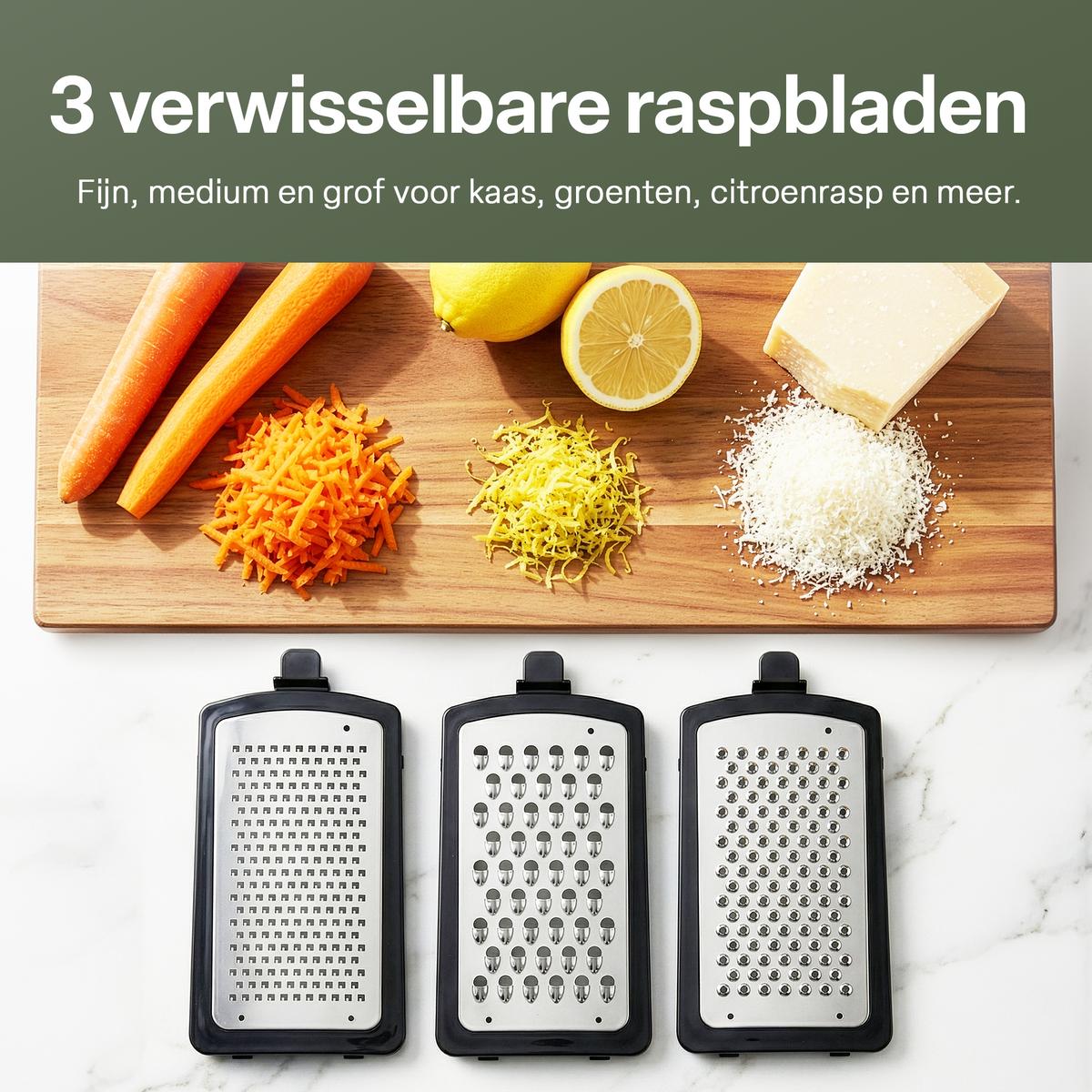 Chefino Fineza - Kaasrasp met Opvangbak – RVS Groenterasp – Keukenrasp met Container – 3 Verwisselbare Raspbladen – Handrasp voor Kaas, Groenten en Citroenrasp – Antislip