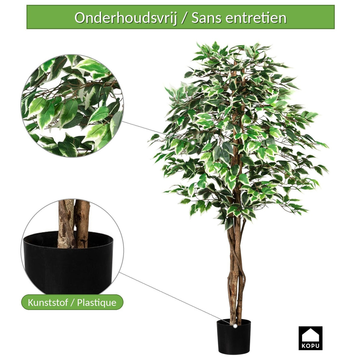 Kopu® Kunstplant Ficus 150 cm - 840 groen-witte bladeren - Natuurstam