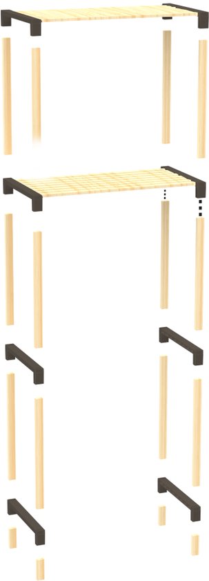 Fixwood 2-Laags Wasmachine Rek – Zwart - Houten Opbergrek voor Wasmachine – Ruimtebesparend Badkamerrek 127 cm – Beukenlook – 33x66x127 cm