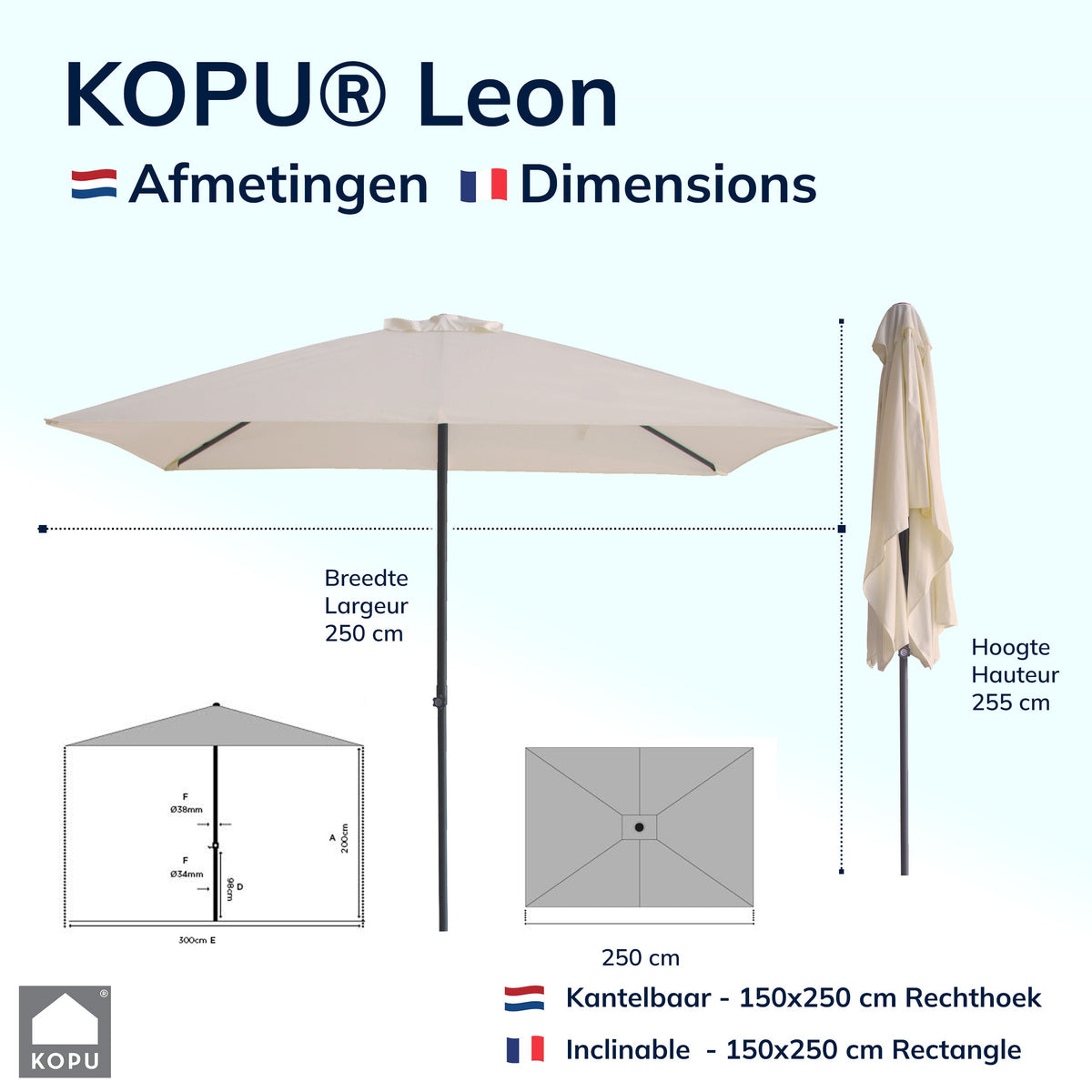 Kopu® Leon Parasol Rechthoek 150x250 cm - Balkonparasol met Hoes - Creme