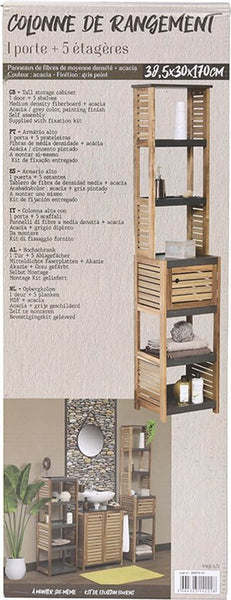 Acaciahout Hoge Badkamerkast 1 deur en 5 legplanken 30x38x170 cm