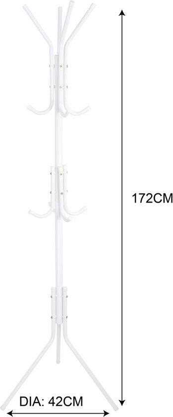 Kapstok Staand – Kledingrek met 12 Haken – Hoogte 172 cm – Staande Kapstok Metaal – Vrijstaande Kapstok – Wit – Voor Hal, Slaapkamer en Kantoor
