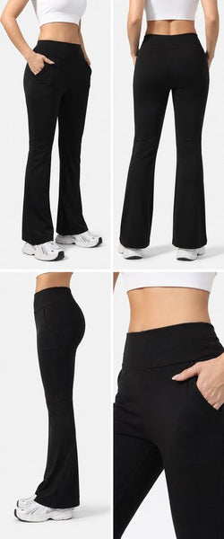 SparkNine Horizon flare broek - dames legging met zakken - petite pijplengte - L - zwart - hoge taille - stijlvol & elastisch - sportlegging