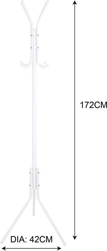 Kapstok Staand – Kledingrek met 8 Haken – Hoogte 172 cm – Staande Kapstok Metaal – Vrijstaande Kapstok – Wit – Voor Hal, Slaapkamer en Kantoor