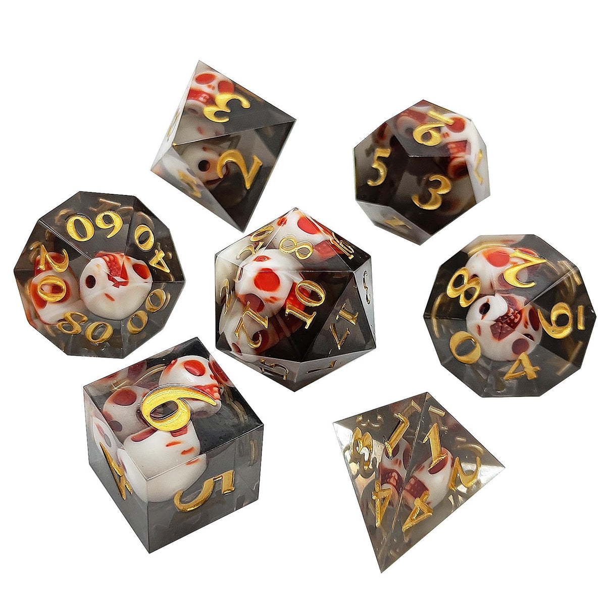 7 delige Resin Dice Set “Obsidian Skulls"