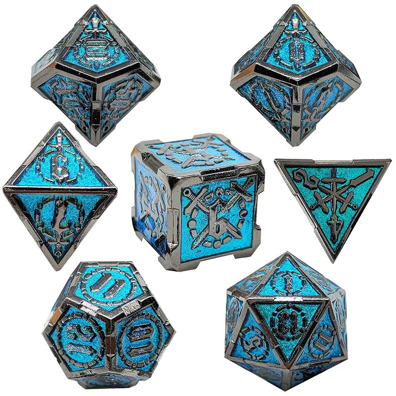 7-delige Metal Dice Set – “Mystic Relic” (Donkerblauw met Zwart)